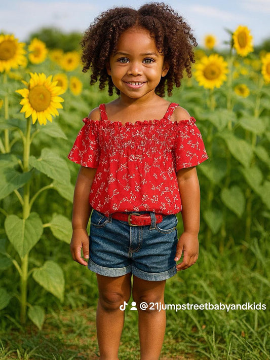 GIRLS Red floral Off the Shoulder Top